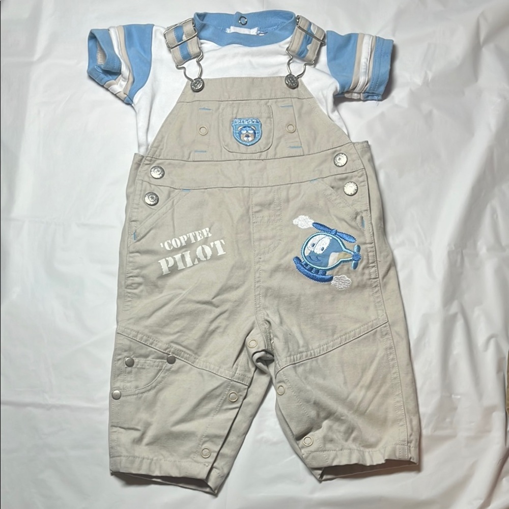 Starting Out Tan and Blue Overalls with Bib-Style Front